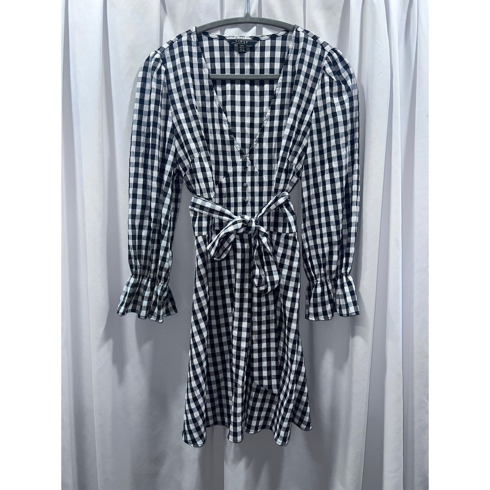 Lipsy London Black White Gingham Check V-Neck Mini Dress Ruffle Cuff US 8